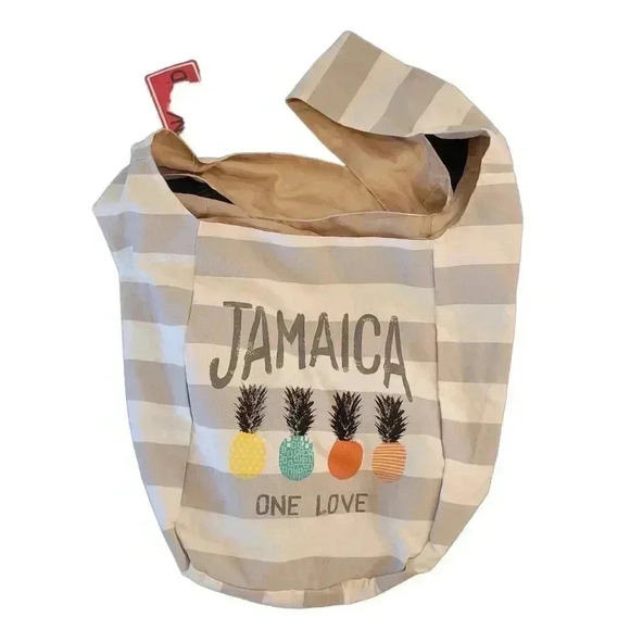 Sunkissed Women's Taupe & White Striped Fabric Bag w Jamaica "one love " Graphic - Picture 1 of 5